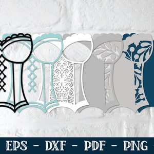 May include: Six different designs of a corset silhouette, including a black outline, a white lace design, a blue floral design, and a gray floral design.  The designs are layered on top of each other, creating a layered effect.  The designs are perfect for crafting and creating unique projects.