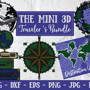 May include: A digital download bundle of travel-themed graphics, including a compass, a globe, a suitcase, and a world map. The graphics are in a green, blue, and brown color scheme and have a 3D effect. The text "THE MINI 3D Traveler's Bundle" is at the top of the image.
