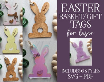 Etiqueta de cesta de Pascua SVG, Archivo láser de Pascua, Pascua cortada con láser, Glowforge Pascua SVG, Archivo de corte Glowforge, Archivo de corte de Pascua, Etiqueta de cesta SVG, Conejito