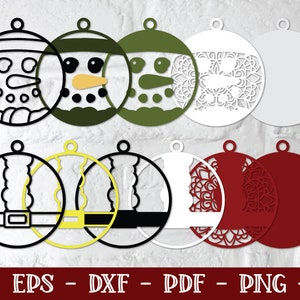 May include: Set of 10 Christmas ornament SVG cut files. The ornaments feature a snowman, Santa Claus, and mandala designs. The files are available in black, white, green, yellow, and red.