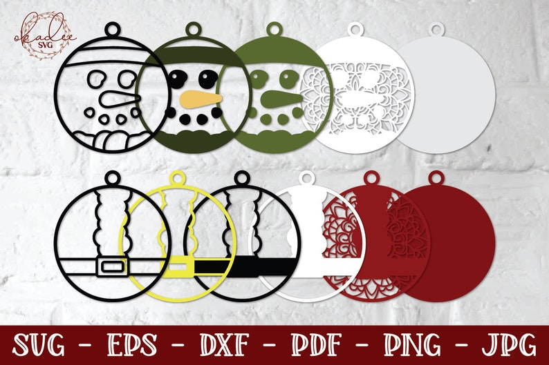 May include: Set of 10 Christmas ornament SVG cut files. The ornaments feature a snowman, Santa Claus, and mandala designs. The files are available in black, white, green, yellow, and red.