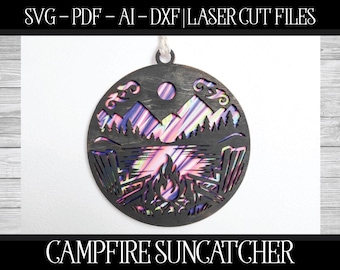Campfire Suncatcher Laser Cut File: Mountain Scene SVG (Digital Download)