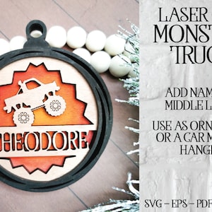 Laser cut Ornament SVG, Glowforge Ornament, Auto Spiegel Hänger, Monster Truck Ornament SVG, Kinder Ornament, Glowforge personalisierte Ornament
