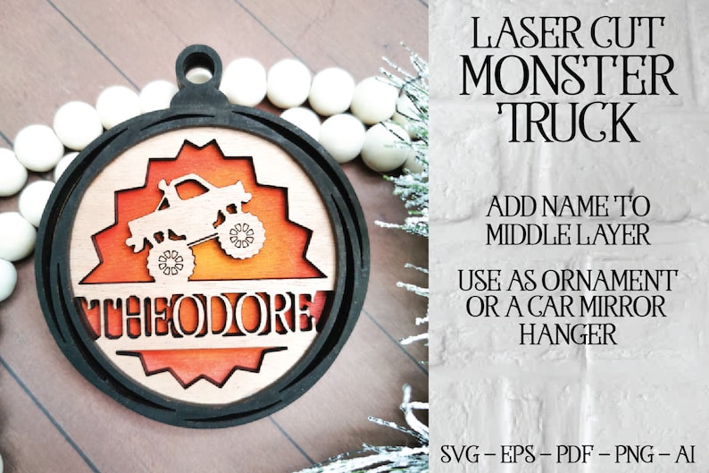 May include: A laser cut wooden ornament shaped like a monster truck with the name Theodore in the center. The ornament is layered with a red, orange, and yellow gradient.