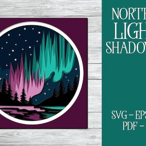 3D Noorderlicht SVG, Aurora Borealis, Noorderlicht Shadowbox, Gelaagde Papercut, Papercut Shadowbox, Noorderlicht, Boom Shadowbox