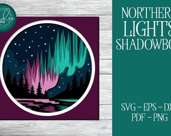 3D Northern Lights SVG, Aurora Borealis, Northern Lights Shadowbox, Layered Papercut, Papercut Shadowbox, Northern Lights, Tree Shadowbox