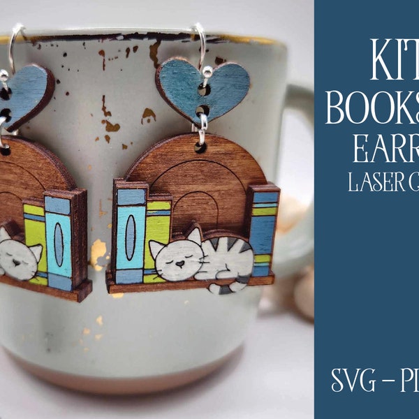 Kitty Bookshelf Earring SVG, Cat Earring Laser File, Glowforge Earring, Laser File, Book Laser Cut File, Book Lover Earring SVG, Kitten SVG