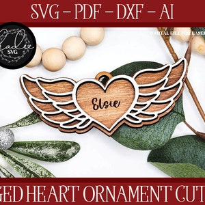 Memorial Laser File, Laser Cut Angel Wings, Glowforge Memorial, Christmas Laser Cut File, Heart Cut File, Laser Ornament, Glowforge SVG