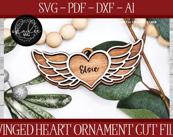 Memorial Laser File, Laser Cut Angel Wings, Glowforge Memorial, Christmas Laser Cut File, Heart Cut File, Laser Ornament, Glowforge SVG