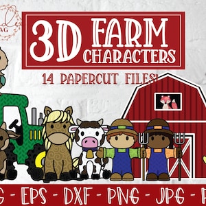 Pacote de personagens de fazenda 3D, SVG de fazenda em camadas, SVG de fazenda 3D, trator 3D, fazendeiro 3D, SVG de cavalo 3D, SVG de vaca 3D, topo de bolo de fazenda, decoração de fazenda