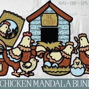 May include: A 3D chicken mandala bundle with a coop, a bag of feed, a basket of eggs, and several chickens. The coop is blue and white with the words "The Coop" on the front. The chickens are brown and white with intricate details. The basket of eggs is brown and white with the word "Eggs" on the front.