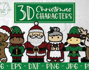 3D Christmas Characters, Layered Christmas SVG, Santa SVG, Layered Elf SVG, Zentangle Svg, Reindeer, Gingerbread Man, Christmas Gift, Dxf