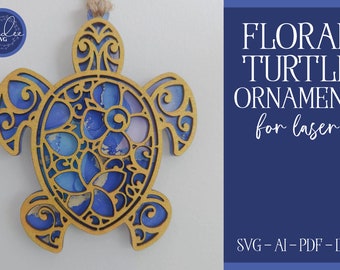 Archivo de corte láser, Glowforge, colgador de espejo de tortuga, adorno de tortuga, vidrieras, tortuga cortada con láser, tortuga láser SVG, tortuga Glowforge