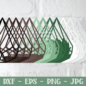 May include: A set of 10 geometric, layered, paper cut files in various shades of green, brown, and white. The files are in the shape of a diamond with a geometric pattern. The files are for use with a cutting machine.