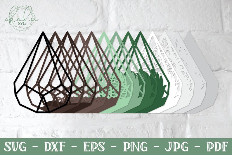 May include: A set of 10 geometric, layered, paper cut files in various shades of green, brown, and white. The files are in the shape of a diamond with a geometric pattern. The files are for use with a cutting machine.