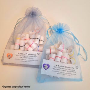 May include: Two light blue organza bags filled with rolled paper scrolls, secured with colourful rubber bands. One bag is labelled "A Bok of Friendship", the other "A Bok of Creativity". Text on the bags includes website information and the phrase "Organza bag colour varies".