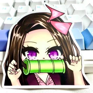 Nezuko Demon Girl Bite Chibi Peeker Sticker - Vinyl, Waterproof, Durable, Vibrant, Matte Finish Sticker for Laptop Decal/ Water Bottle
