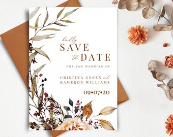Templett Save the Date Template DIY Invitation Printable Save the Date Rustic Wedding Kraft Floral Blush Pink pdf INSTANT DOWNLOAD