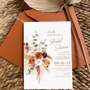 Medina-Pampas Bridal Shower Invitation Template, Modern Boho Bridal Shower Invite, Boho Bridal Shower Invitation, Terracotta Bridal Shower