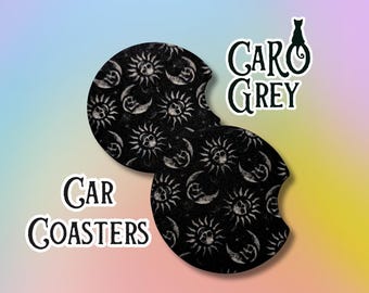 Skull Moons and Suns Car Coasters | Black skeleton cup holder |  spooky celestial Car accessories
