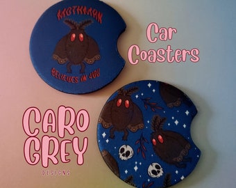 Mothman Car coasters | Cryptid car accessories | moth man believes in you cup holders