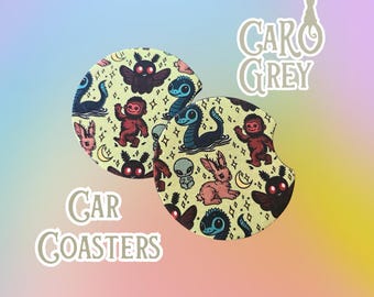 Cryptid auto-onderzetters | Mothman, Bigfoot, Jackalope | Handgemaakte neopreenset