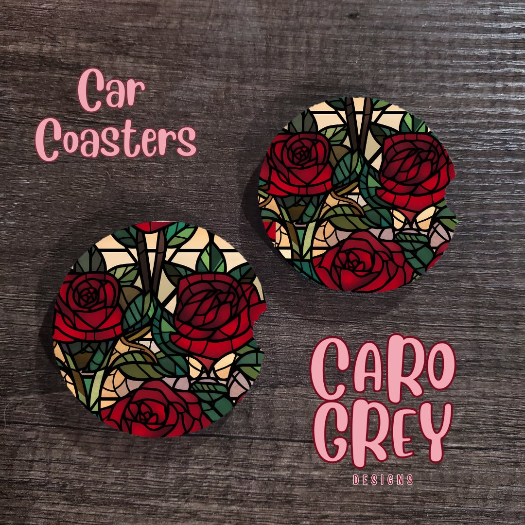 Red Roses Car Coasters Floral Stained Glass Cup Holder Decor Window Car