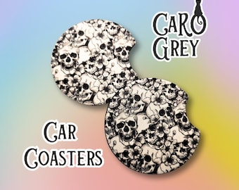Floral Skull Car Coasters | black and white skeleton car decor