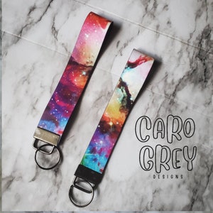 Galaxy Keyfob Wristlet | Space faux leather keychain | night sky stars car Key fob