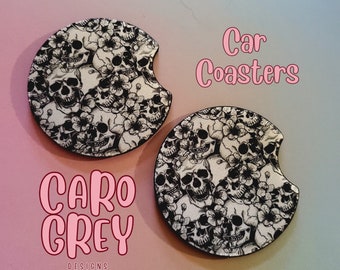 Floral Skull Car Coasters | black and white skeleton car decor