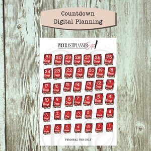 Könnte beinhalten: Ein Satz von 30 digitalen Planer-Aufklebern mit roten, buchförmigen Countdown-Aufklebern mit weißen Zahlen und Text. Die Aufkleber umfassen Tage, Wochen und Monate. Der Text "Countdown Digital Planning" und "Procrastinplanner Etc." ist oben im Bild sichtbar. Der Text "Personal Use Only" ist unten im Bild sichtbar.