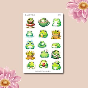 May include: A sheet of 16 stickers featuring cute cartoon frogs in various poses. The stickers are on a white background with the text "CHUNKY TOAD" and "PROCRASTIPLANNER, ETC." at the top and bottom of the sheet.