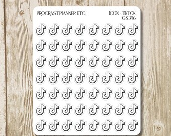 Puede incluir: Una hoja de papel adhesivo blanco con 49 pegatinas de logo de TikTok en blanco y negro. El texto "PROCRASTIPLANNER. ETC." y "ICON-TIKTOK GS396" está impreso en la parte superior de la hoja.
