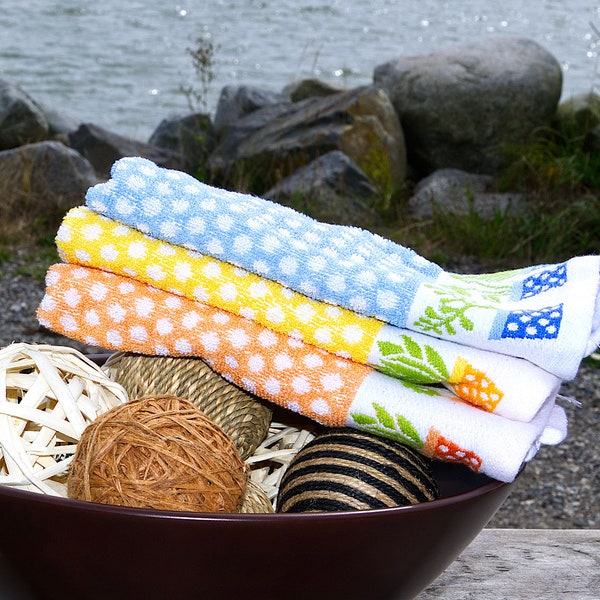 Polka & Pot | Premium Terry Towels - Set of 3 | Cheerful Colors | Kitchen or Bathroom | 100% Premium Cotton | Woven in Europe | HemAndTassel