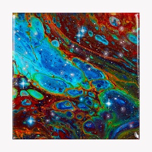 May include: Abstract painting with swirling blue, green, orange, and red colors. The background is a dark red with white dots, resembling a starry night sky.