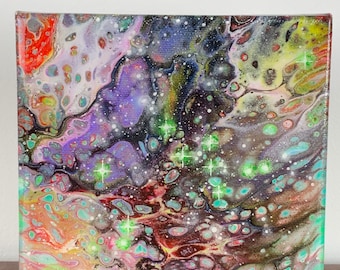 銀河の絵画。抽象画。流体アート レインボー アクリル。宇宙の絵画