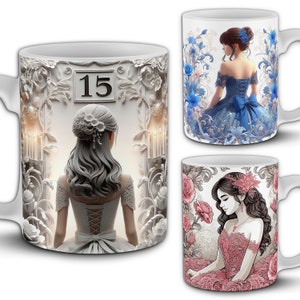 Ensemble de conception de tasse de célébration des XVe années 3D. 30 conceptions de sublimation PNG. Enveloppements de tasses. Sweet 16, Débutantes, Le Bal. Aperçu des maquettes incluses.