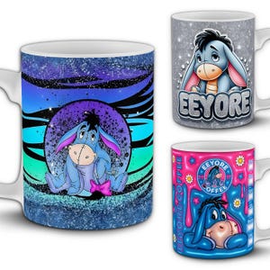 Eeyore Mug Designs - 16 Cute Donkey 11oz Sublimation Wraps - Winnie Pooh Coffee Cup Art - Cartoon Inspired PNG Bundle - Gift for Eeyore Fans
