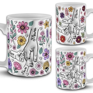 12 Tassen-Designpakete mit „Mama hält die Hand“, bis zu 6 Hände in 2 Blumenstilen. 3D Aufgeblasener Effekt PNG Sublimation Tassenverpackungen, Muttertagsgeschenk