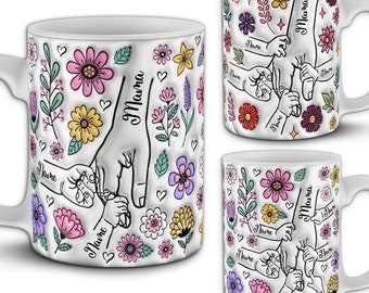 12 Holding Mom's Hand Mug Design Bundle, Up to 6 Hands in 2 Floral Styles. 3D Inflated Effect PNG Sublimation Mug Wraps, Mothers Day Gift