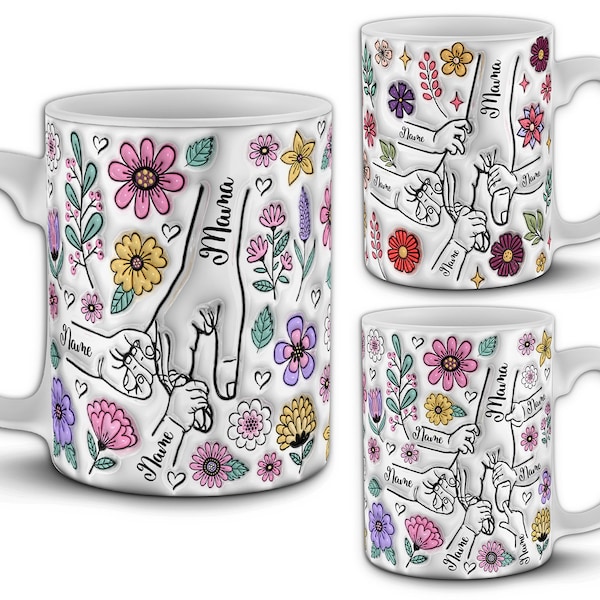 12 Holding Mom's Hand Mug Design Bundle, Up to 6 Hands in 2 Floral Styles. 3D Inflated Effect PNG Sublimation Mug Wraps, Mothers Day Gift