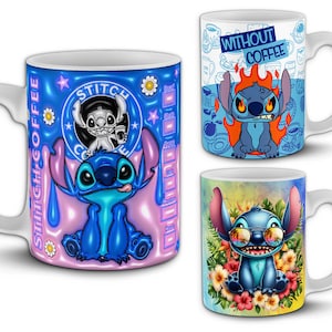 Mais de 50 designs de canecas de 11 oz com ponto de desenho animado - Pacote de sublimação PNG - Envoltórios de canecas com mockups de visualização - Estilos 3D, inflados e florais