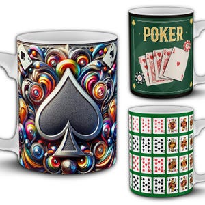 Wzory kubków z kartami do gry w pokera o pojemności 11 uncji. Pakiet 11 okładów sublimacyjnych PNG. Blackjack, karty pokładowe, gra kasynowa, 21, ponton, pik. Z makietami.