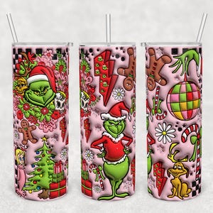 23 Christmas Grinch 20oz Tumbler Designs. Grinchmas PNG Sublimation Wraps. 3D Inflated Grinch Mode, Vibes, Coffee Bundle. Mockups Included