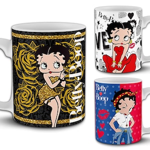 16 Betty Boop 11oz Mug Designs. Elegant PNG Sublimation Wraps Bundle. Cartoon Betty Love, XoXo Roses Fashion Templates. Mockups Included.