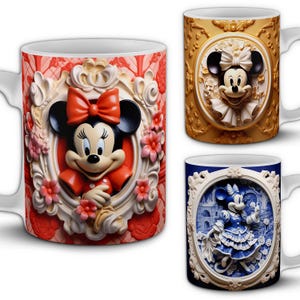 Über 70 Minnie-Tassen-Designs mit 325 ml Fassungsvermögen. Cartoon PNG Sublimation Wraps Bundle. 3D-Maus, Mickey Friend, niedliche Brötchen-Blumenvorlagen. Modelle enthalten