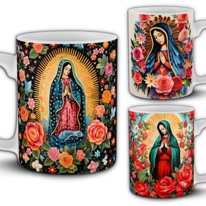 Virgen de Guadalupe Mok Ontwerpen - Onze Lieve Vrouw van Guadalupe PNG Bundel - 35+ 11oz Sublimatie Wraps - Mexicaanse Katholieke Kunst - Koffiekopje Sjabloon