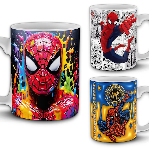 Pacchetto con oltre 50 design di tazze Spiderman. Disegni di sublimazione di tazze da 11 once di supereroi. File PNG. Anteprime incluse. Stili 3D, gonfiati, fumetti