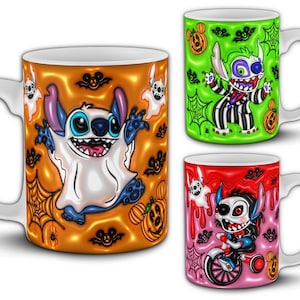 25+ Halloween 3D Stitch 11oz Mug Design Bundle. PNG Sublimation Mug Wraps. Inflated Horror Pumpkin Cartoon Templates. Mockups Included.
