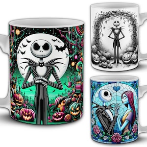 40+ Jack Skellington 11oz Mug Design Bundle. PNG Sublimation Mug Wraps. Nightmare Before Christmas. 3D, Stained Glass, Neon, Inflated styles